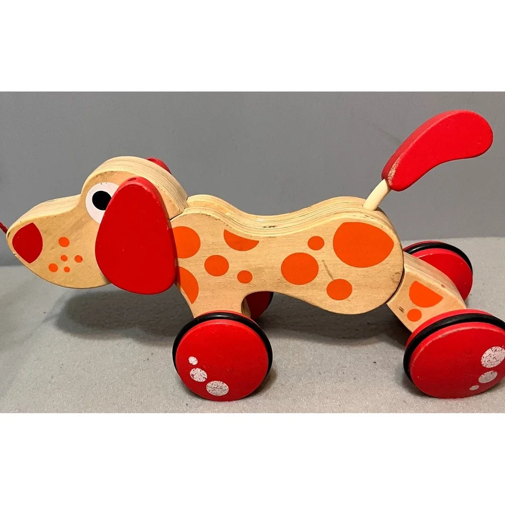 Hape Walk-A-Long Puppy Wooden Pull Toy Spotted Dog Red Orange E0347‎